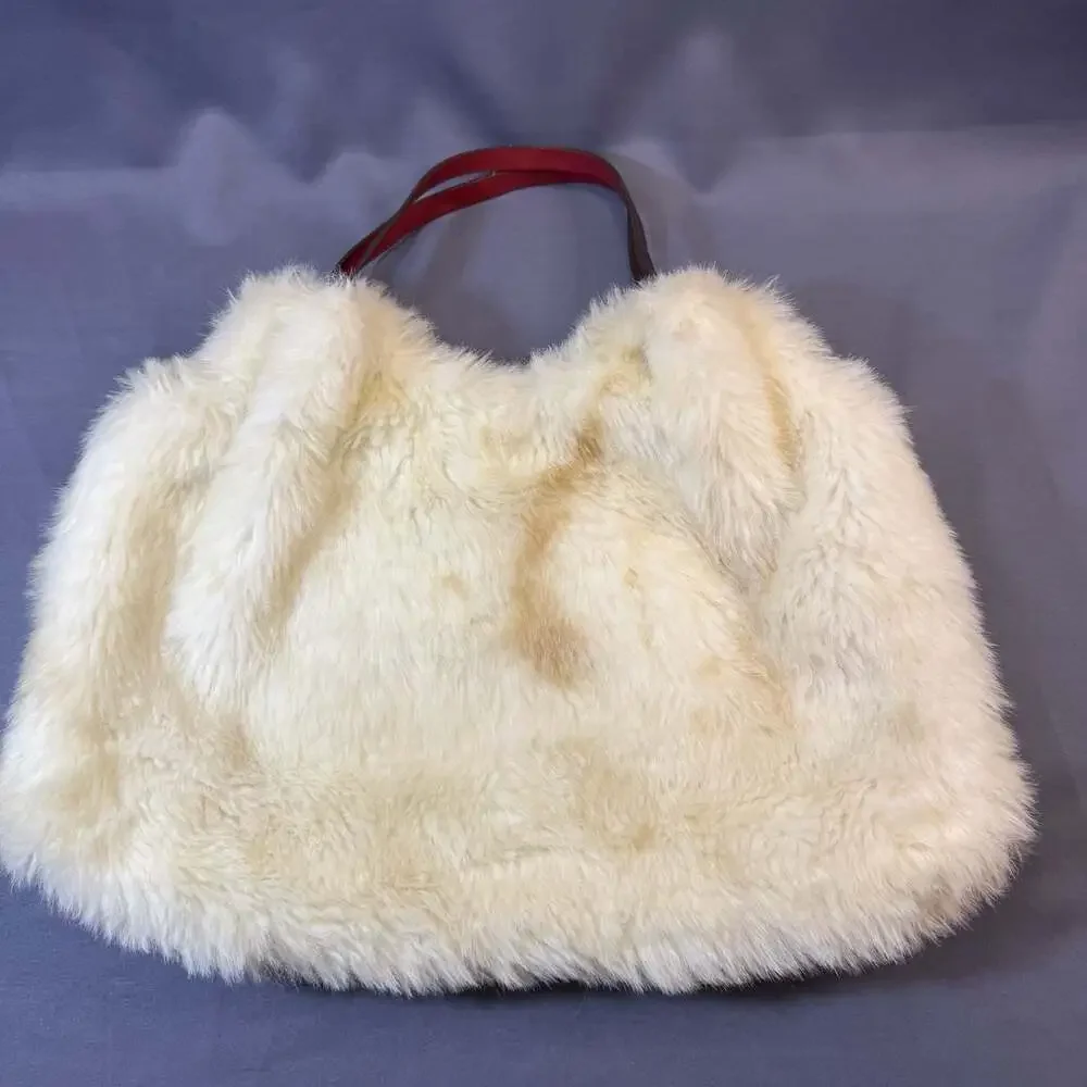Torrese White Faux Fur Hobo Bag with Leather Straps